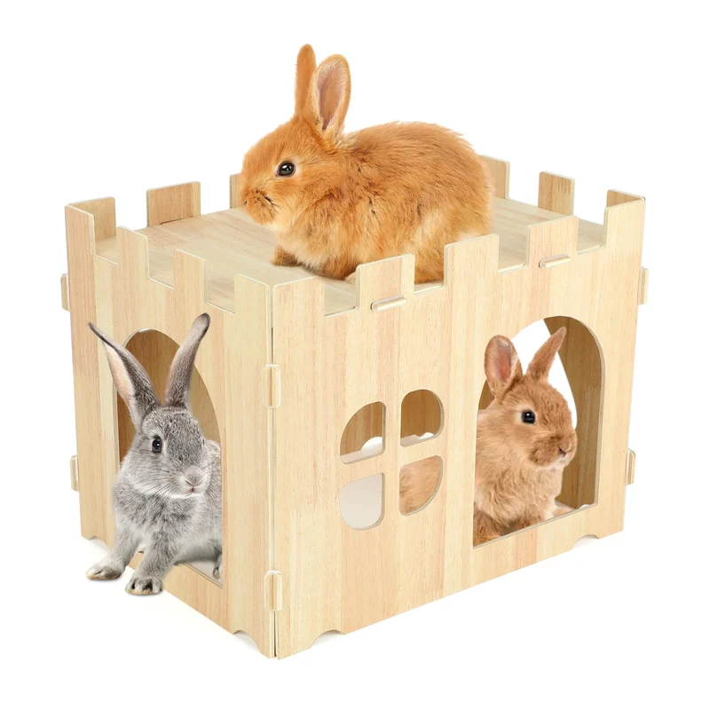 BWOGUE Grand Habitat en bois pour lapins – Château et cachettes intérieures pour petits animaux