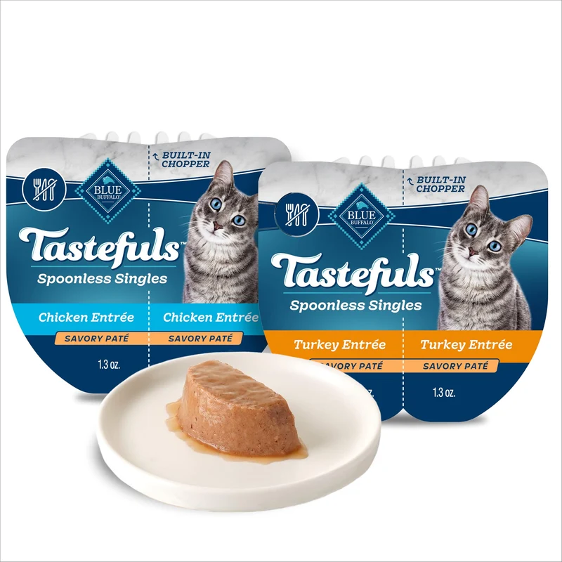 Blue Buffalo Tastefuls Spoonless Singles Variété – Pâté humide chat (Poulet et Dinde), Barquettes jumelées 2,6 oz