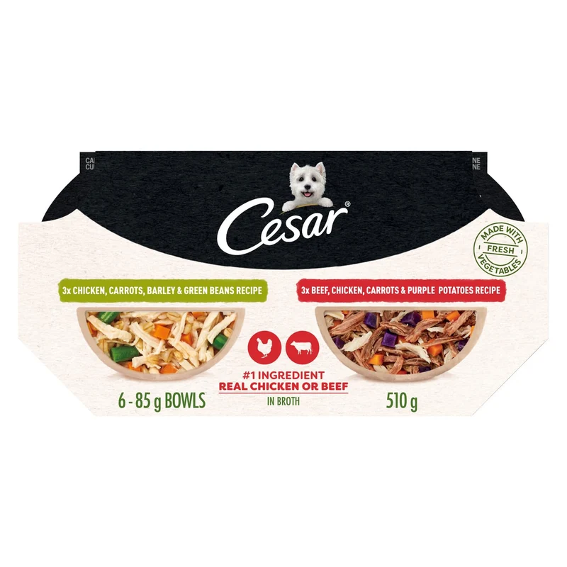 Pack Variété Cesar Wholesome Bowls – Boîtes Humides pour Chiens Adultes (Poulet, Carottes, Orge & Haricots Verts) et Boeuf, Poulet, Pommes de Terre Violettes & Carottes – 6 x 3 oz