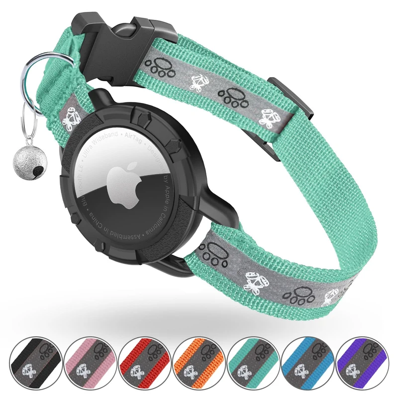 Collier Odokele AirTag Réfléchant pour Chat – Porte-AirTag Intégré, Élastique et Clochette | Vert S