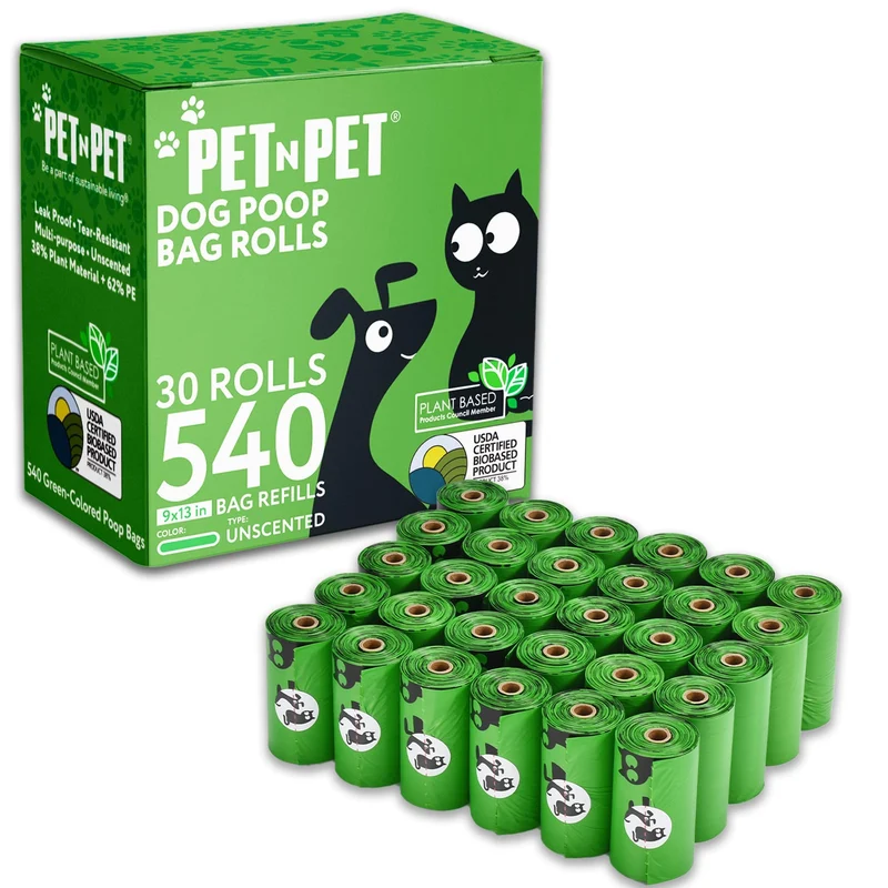 PET N PET Sacs à crottes pour chiens - 540 unités, 41% à base de plantes, épais et sans parfum 9" x 13"
