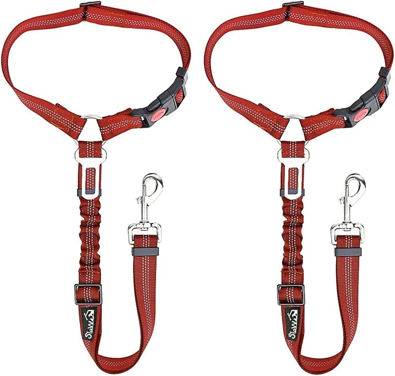 SlowTon – Ceinture de sécurité pour chien en voiture 2 pièces avec appui-tête et bungee (Rouge)