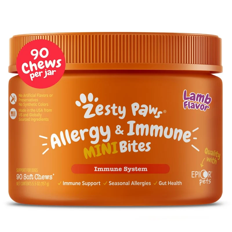 Zesty Paws Bouchées Soulagement des Allergies Chiens – Probiotiques et Oméga-3 (Agneau, Mini, 90 ct)