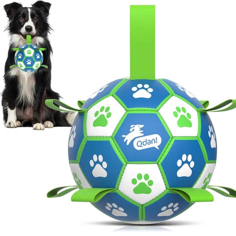 QDAN Ballon de football pour chien avec sangles – 6 pouces, jeu et entraînement