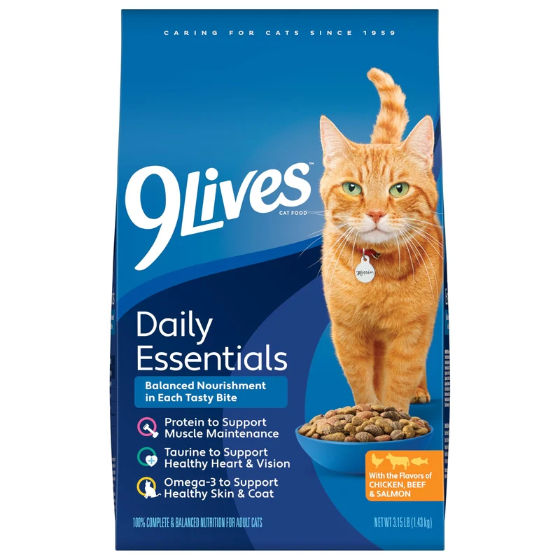 9Lives Indispensables Quotidiens — Croquettes pour chat adulte (poulet, bœuf et saumon) — Lot de 4 × 1,43 kg