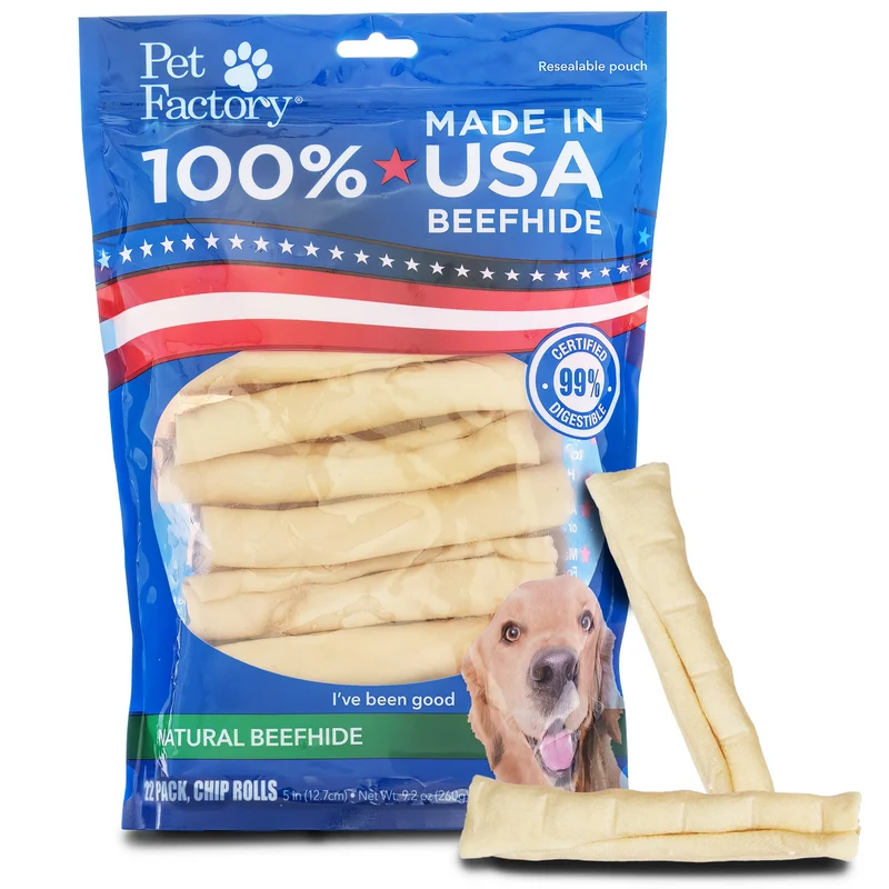 Pet Factory – Cuir de boeuf 100% fabriqué aux États‑Unis, rouleaux 5 pouces, saveur naturelle, 22 pièces