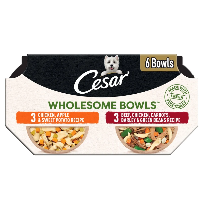 CESAR Wholesome Bowls – Repas Humide pour Chiens Adultes (Boeuf & Legumes / Poulet, Pomme & Patate Douce) – Pack Variété 6 x 3 oz