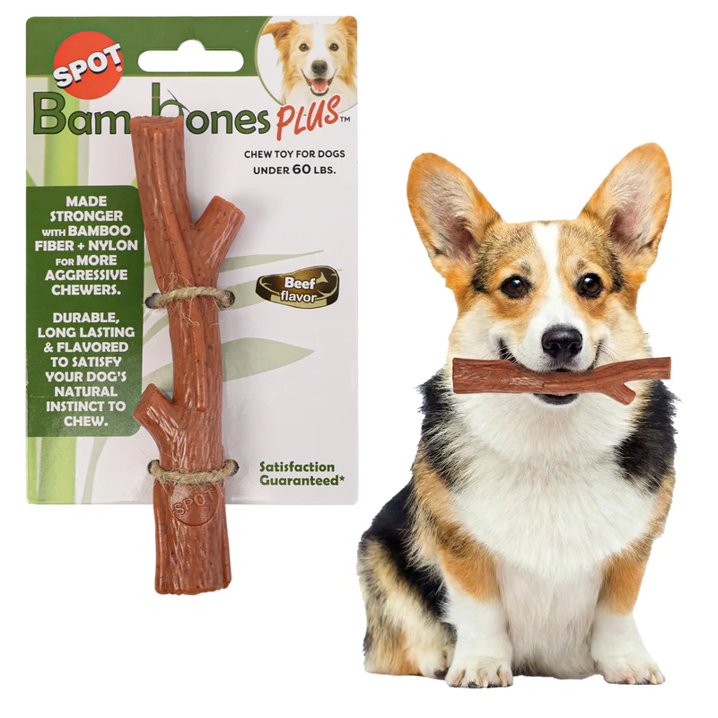 SPOT Bam-Bones Plus Branche – Fibre bambou et nylon, jouet durable pour chiens mordeurs ≤60 livres, goût boeuf, sans echarde, 14,6 cm