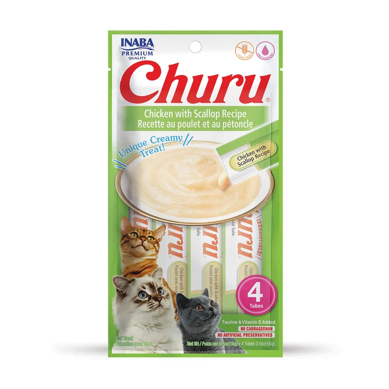 INABA Churu Purée Crème Sans Céréales – Poulet et Coquilles Saint-Jacques, 4 Tubes