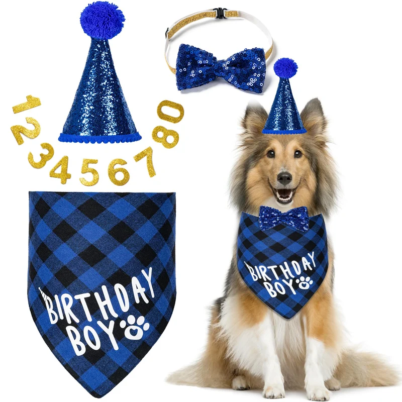 Hoewina – Kit anniversaire pour chien taille très grande bleu : bandana, chapeau, noeud papillon et chiffres 0-8