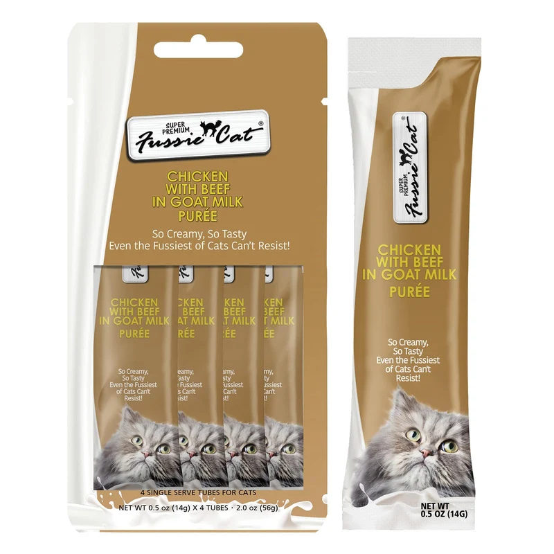 Fussie Cat Super Premium – Poulet et Boeuf en Purée Lait de Chèvre, Friandises à Lécher 4 Sachets 0,5oz