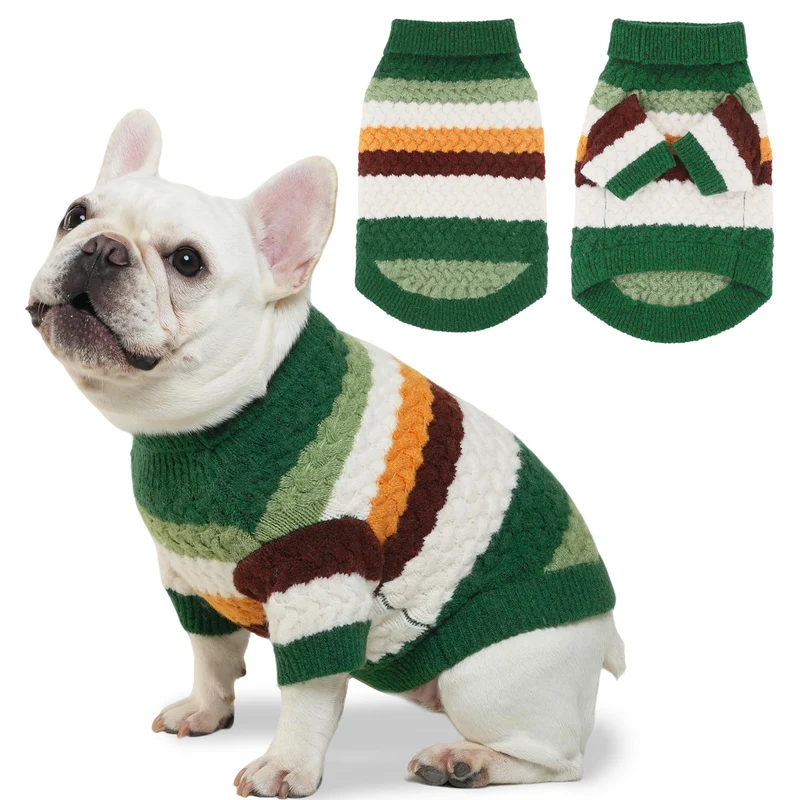 KAROKU Pull Chien Col Roulé Rayé Vert — Vêtement d'hiver chaud et doux (Taille Large)