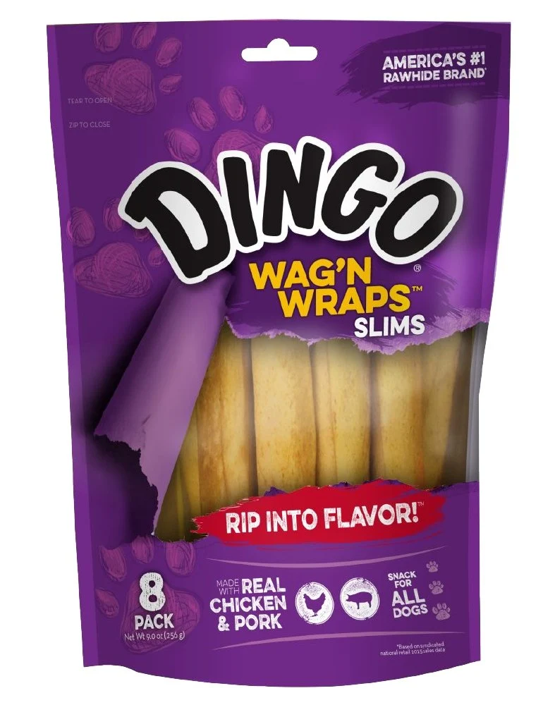 Dingo Wag’n Wraps Slims – 8 Friandises Mâchables au Poulet et Porc, Pour Tous les Chiens