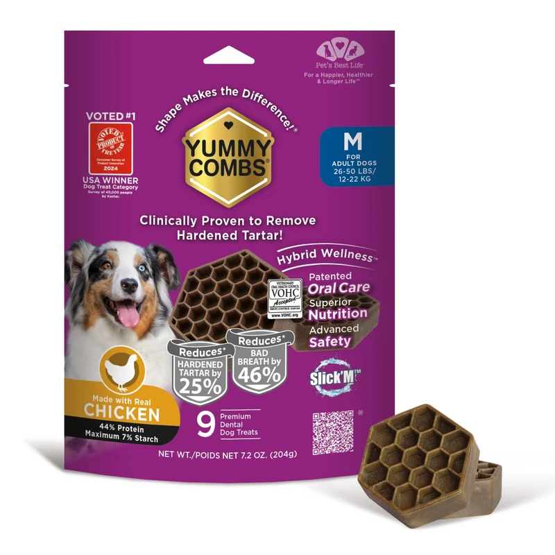 Friandises dentaires Yummy Combs pour chien moyen — Approuvées VOHC, Nettoient les dents et réduisent le tartre — Poulet haute protéine (Mini pack, 9 unités)