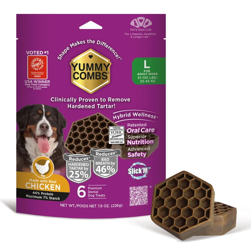 Friandises dentaires Yummy Combs pour chiens – VOHC approuvées, réduction du tartre, haute protéine (Grands chiens, Mini Pack 6)