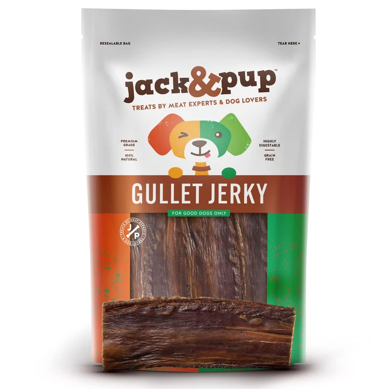 Jack&Pup Jerky de bœuf pour chiens (25 pièces) – Bâtonnets gosier de bœuf de 15 cm, friandises à mâcher longue durée