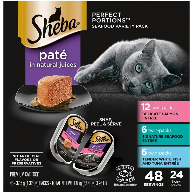 Sheba Perfect Portions Pâté Humide pour Chat – Saumon Durable, Entrée Fruits de Mer et Poisson Blanc & Thon, Lot Double 24 Portions de 2,6 oz