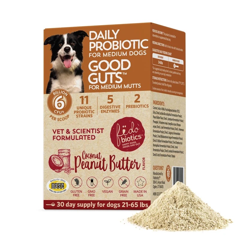 Fidobiotics Good Guts pour Chiens Moyens – Probiotiques 6 Milliards CFU, 11 Souches, 5 Enzymes, 2 Prébiotiques (30 Jours)