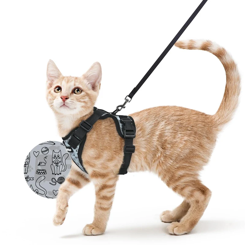 rabbitgoo Harnais et Laisse pour Chat — Harnais Anti-Évasion, Respirant, Sangles Réglables, Gris Doodle, XS