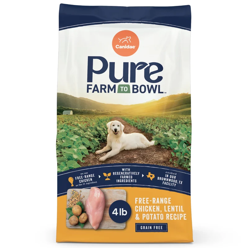 CANIDAE Pure Farm to Bowl – Croquettes sans céréales pour chien adulte, Poulet fermier, Lentilles et Pommes de terre, 4 lb