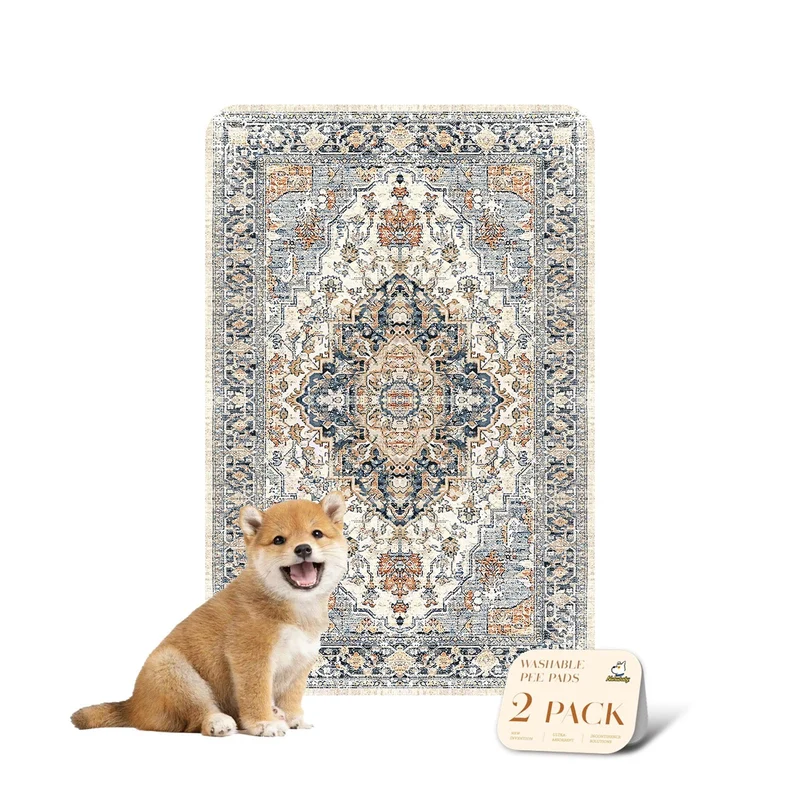 nunubaby Tapis Lavable pour Chiens – Élégant, Antidérapant et Anti-Fuite, Réutilisable pour Caisses et Sols, Beige/Multicolore, 60x90 cm