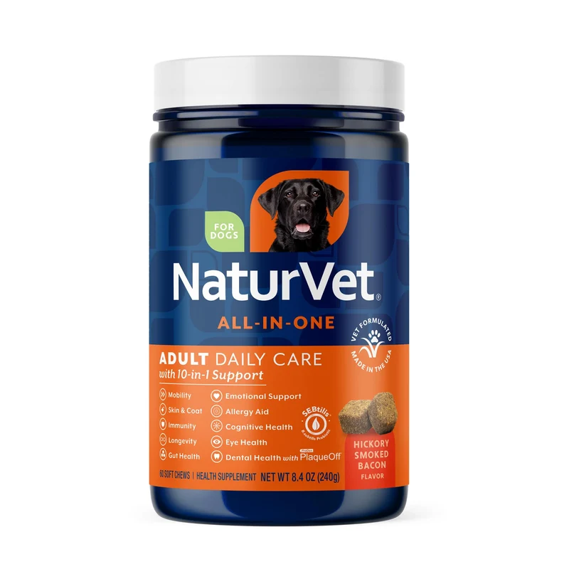 NaturVet All-in-One Soin Quotidien pour Chiens Adultes — 10-en-1, Friables au Goût Bacon Fumé Hickory, 60 Pièces