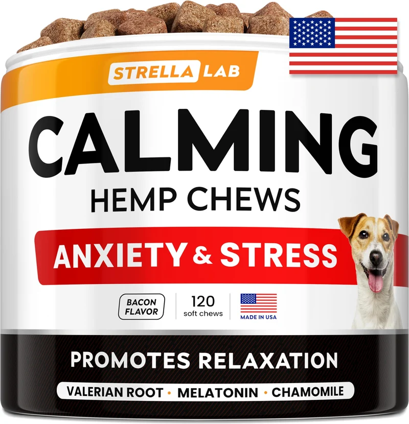 STRELLALAB Friandises apaisantes au chanvre pour chiens – Mélatonine, goût bacon fumé au bois, 120 bouchées