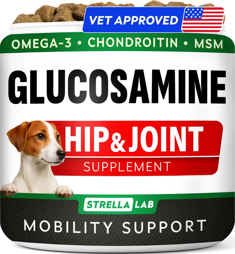 STRELLALAB – Glucosamine pour chiens avec Oméga-3, Chondroïtine et MSM – Mobilité avancée – Saveur beurre d’arachide – 120 bouchées
