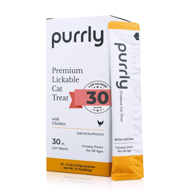 Purrly Purée Crèmeuse au Poulet – Friandises Lécher Humaines avec Prébiotiques et Fibres (30 sachets) Sans poisson, Sans OGM, Sans céréales, Faible phosphore – Tous âges