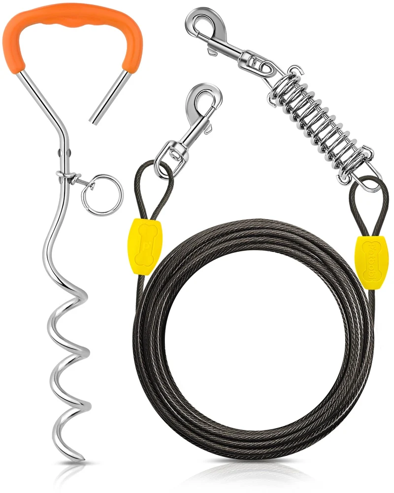 Petbobi Câble d'attache pour chien 10 pieds avec piquet 16 pouces – Sans enchevêtrement, Résistant, Extérieur (jusqu'à 120 livres)