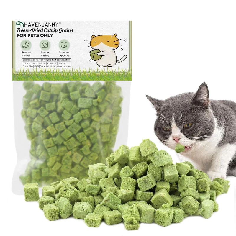 HavenJanny 120 g – Friandises d’Herbe à Chat Lyophilisée, Bâtonnets Mâchables et Boules de Poils