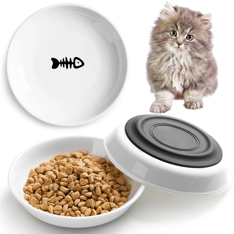 Kitwinney Bols pour chat en céramique – Antidérapants, respect des moustaches, lot de 3 assiettes silencieuses (poisson, profondeur)