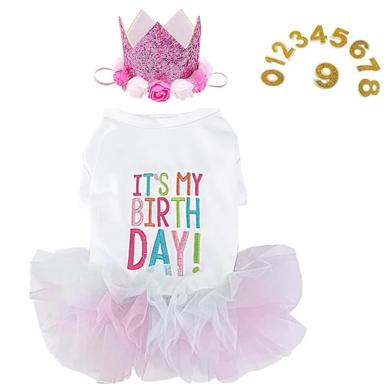 ANIAC Robe et Chapeau d'Anniversaire pour Chiens et Chats – Tutu Rose et Blanc, Taille Moyen