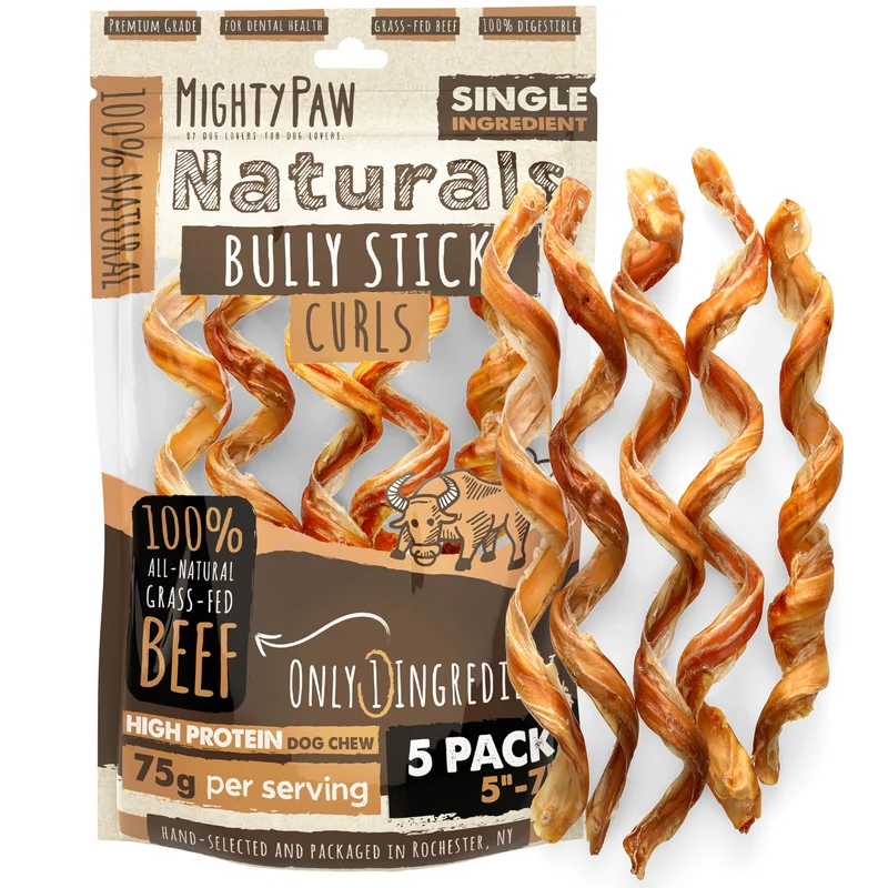 Mighty Paw Naturals Curly Bully Sticks pour chiens – Bœuf nourri à l'herbe, 5 sticks de 6 pouces, un seul ingrédient