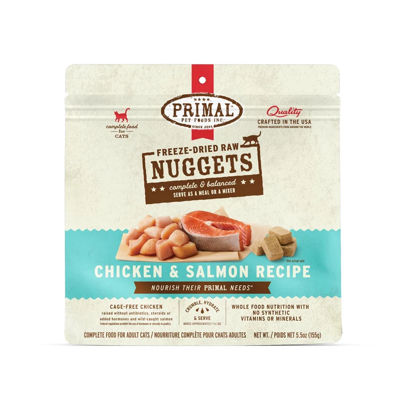 Primal Pet Foods – Morceaux lyophilisés crus pour chat (Poulet & Saumon), Repas Complet ou Topping, Sans Céréales, Probiotiques (156 g)