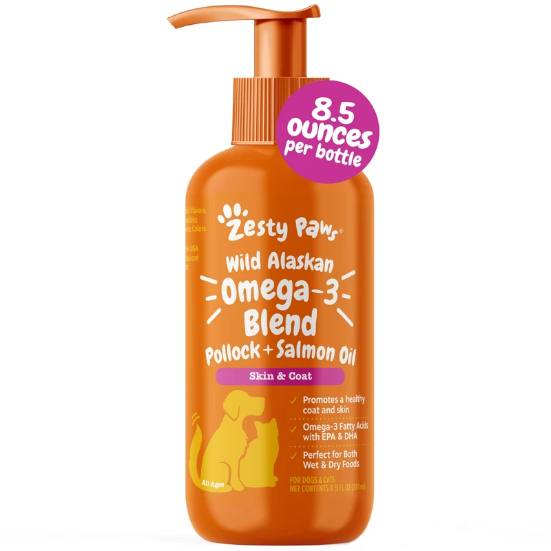 Zesty Paws Wild Alaskan Omega-3 Blend Pollock + Saumon – Huile Oméga-3 pour Chiens et Chats, Soin du Pelage et de la Peau, 8,5 oz