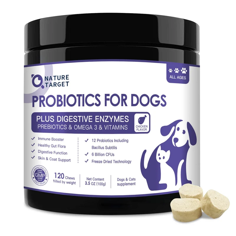 Nature Target Probiotiques pour Chiens – 6 Milliards CFU, Bouchées Lyophilisées, Oméga 3, 120 bouchées
