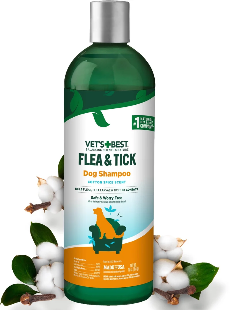Vet’s Best Shampoing Chien Puces et Tiques – Formule Végétale au Parfum Coton-Épices – Fabriqué aux États‑Unis – Flacon 12 oz