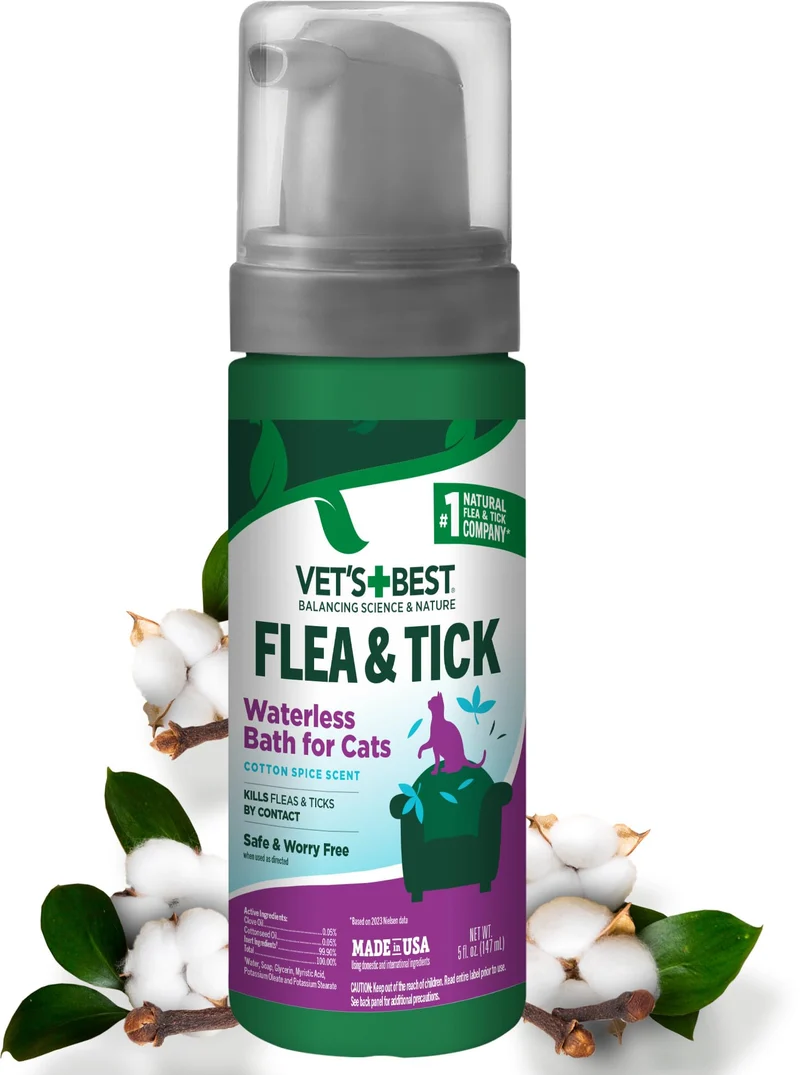 Vet’s Best Shampoing sec sans rinçage pour chats – anti-puces et tiques – 5 oz