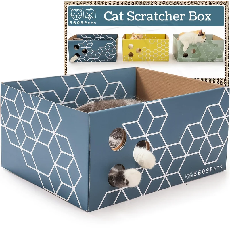 5609PETS Griffoir en carton pour chats — Boîte à griffer sans dégâts et tapis double-face remplaçable