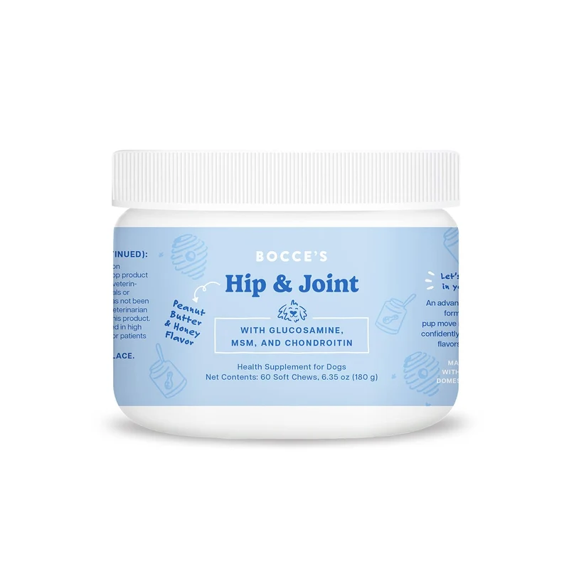 Supplément hanches et articulations pour chiens – Bocce's Bakery, friandises molles USA, glucosamine, MSM et chondroïtine, goût beurre d’arachide et miel, boîte 60
