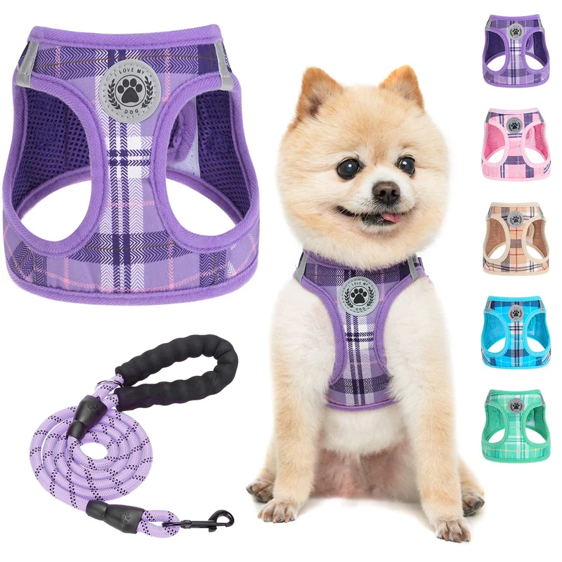 BEAUTYZOO Harnais et Laisse pour Petit Chien — Step-in, Sans Traction, Maille Douce, Plaid Violet
