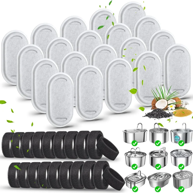 Eyehoce – Lot de 40 Filtres et Éponges pour Fontaine Chat, 2 L à 4 L (20 filtres + 20 éponges)