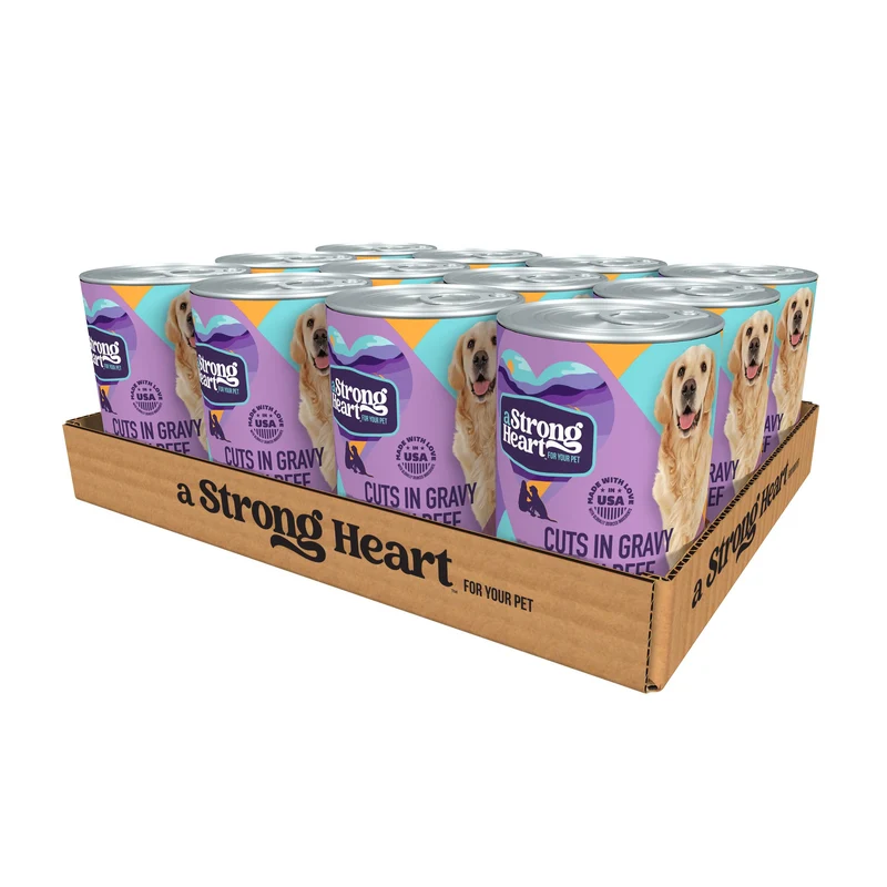 Strongheart – Pâtée humide pour chien au bœuf en morceaux dans une sauce, pack de 12 boîtes de 375 g, fabriquée aux États‑Unis avec du bœuf réel