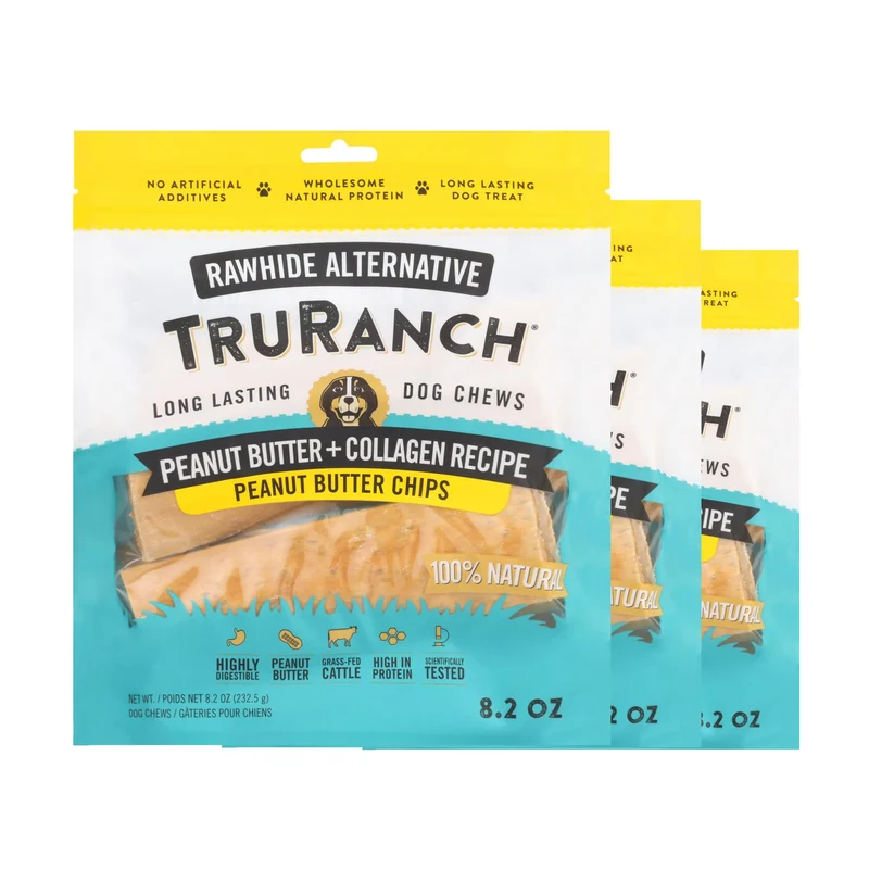 TRURANCH Chips Collagène pour Chiens – Friandises articulations durables – Sans cuir – Beurre de cacahuète | Pack 3 sachets (1,5 lb)