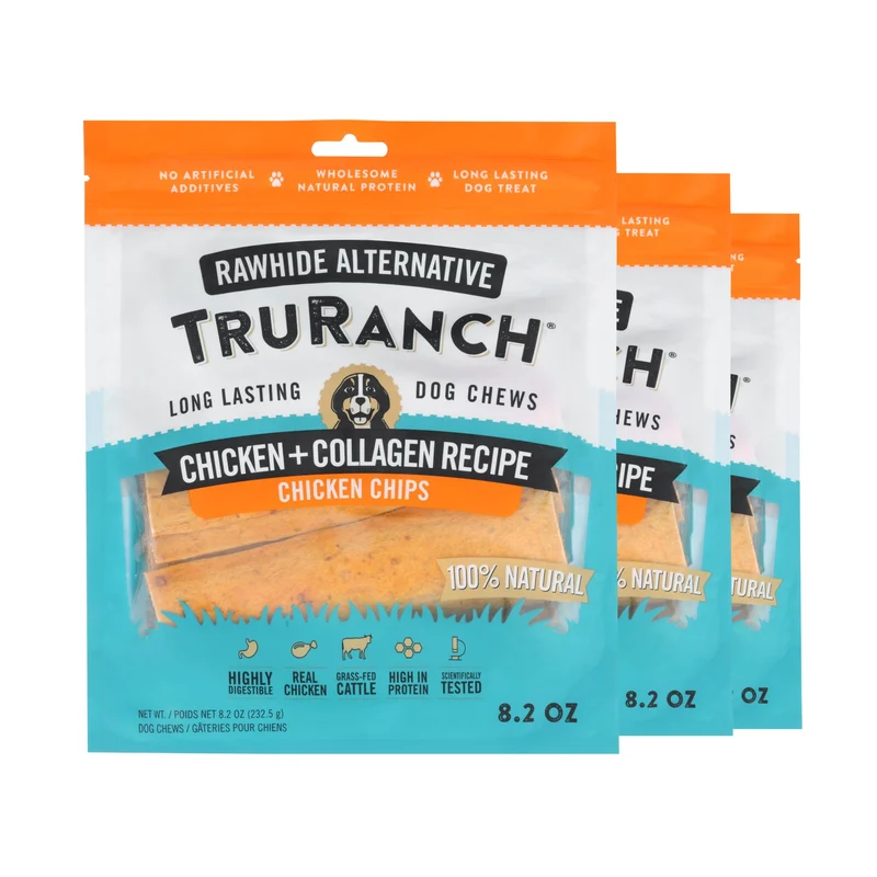 TRURANCH Collagen Chips pour Chiens – Friandises Sans Rawhide, Soutien Articulations & Pelage, Poulet Réel, Pack Économique (3 Saches, 1,5 lb)