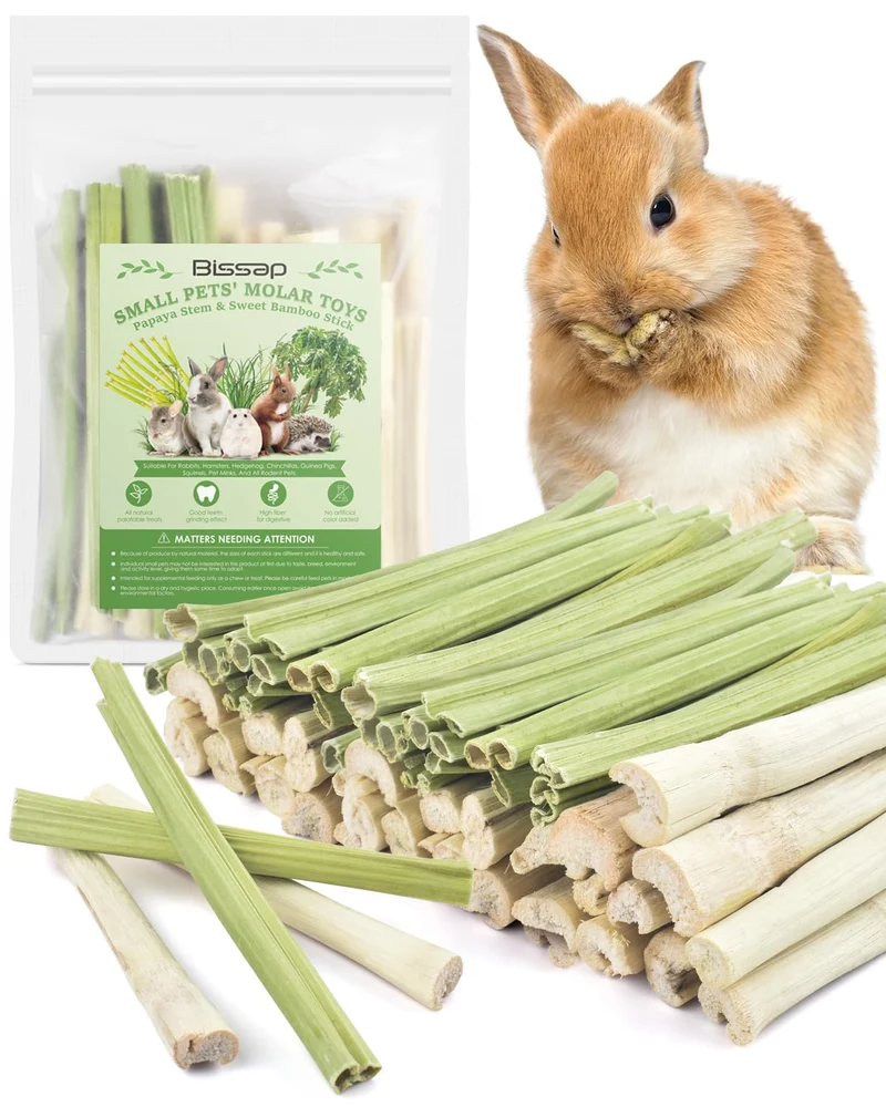 Bissap - 80 bâtons à mâcher pour lapins et petits animaux | 40 bâtons de bambou sucré + 40 tiges de papaye | Friandises dentaires naturelles