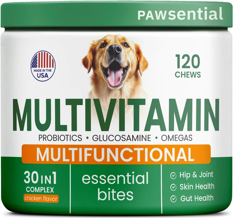 Pawsential – Vitamines pour Chiens + Glucosamine | Compléments à mâcher pour articulations, peau et intestin – Adultes et Seniors – 120 bouchées