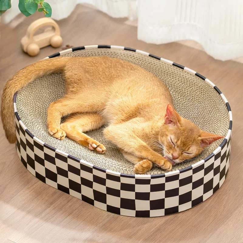 Conlun Grattoir Chat Ovale 2-en-1 — Plateau Griffage et Bol Lounge pour Chats Intérieurs