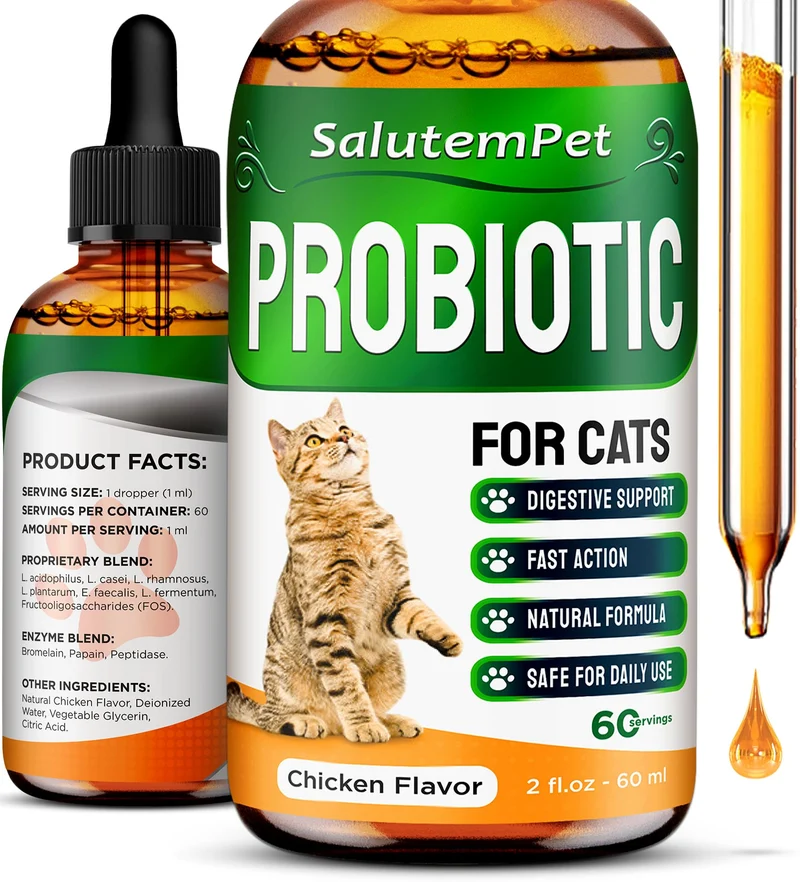 SalutemPet Probiotiques pour Chats – Soutien Digestif, Prébiotiques + Saveur Poulet – Liquide 2 oz